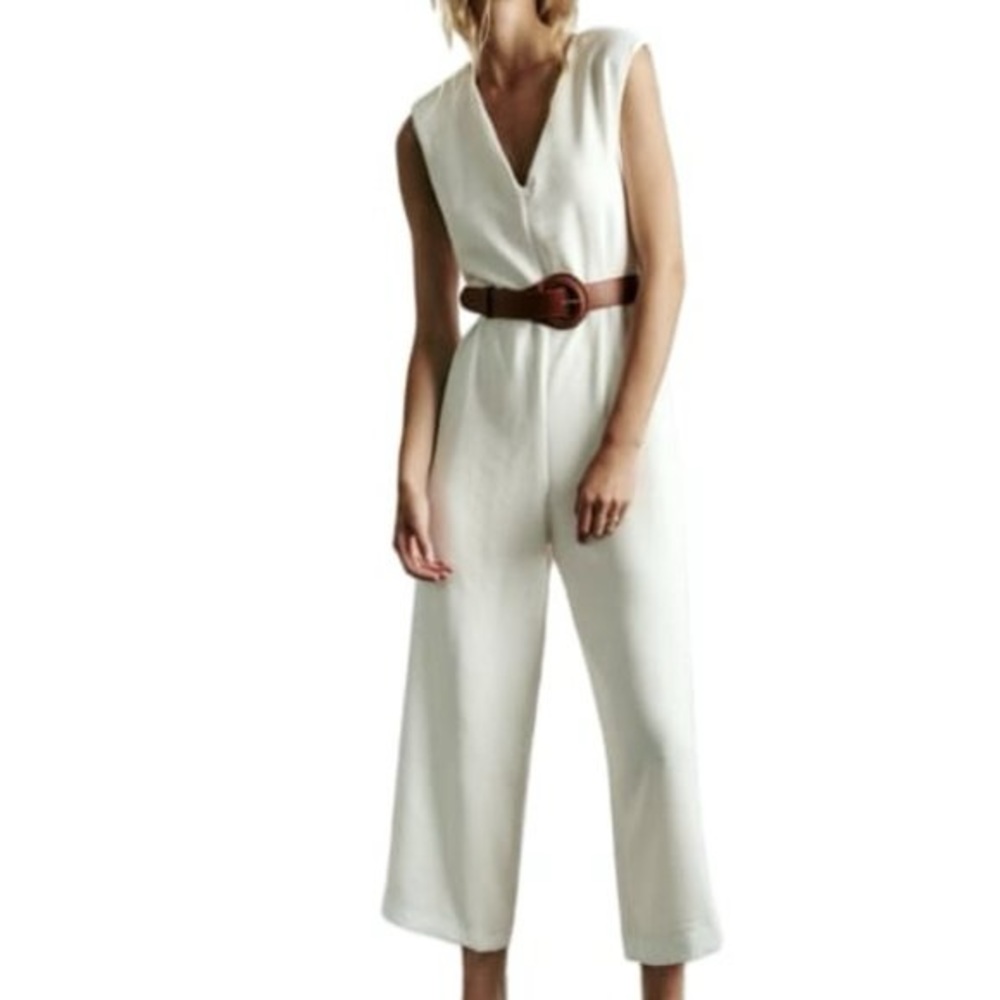 NWT ZARA LONG BELTED JUMPSUIT OYSTER WHITE